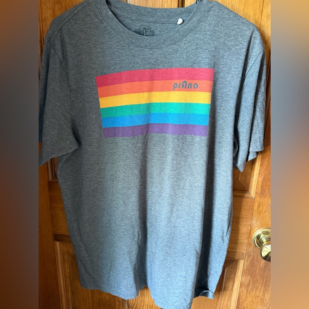 Prana Gray and Red Short Sleeve Tee with Rainbow Design